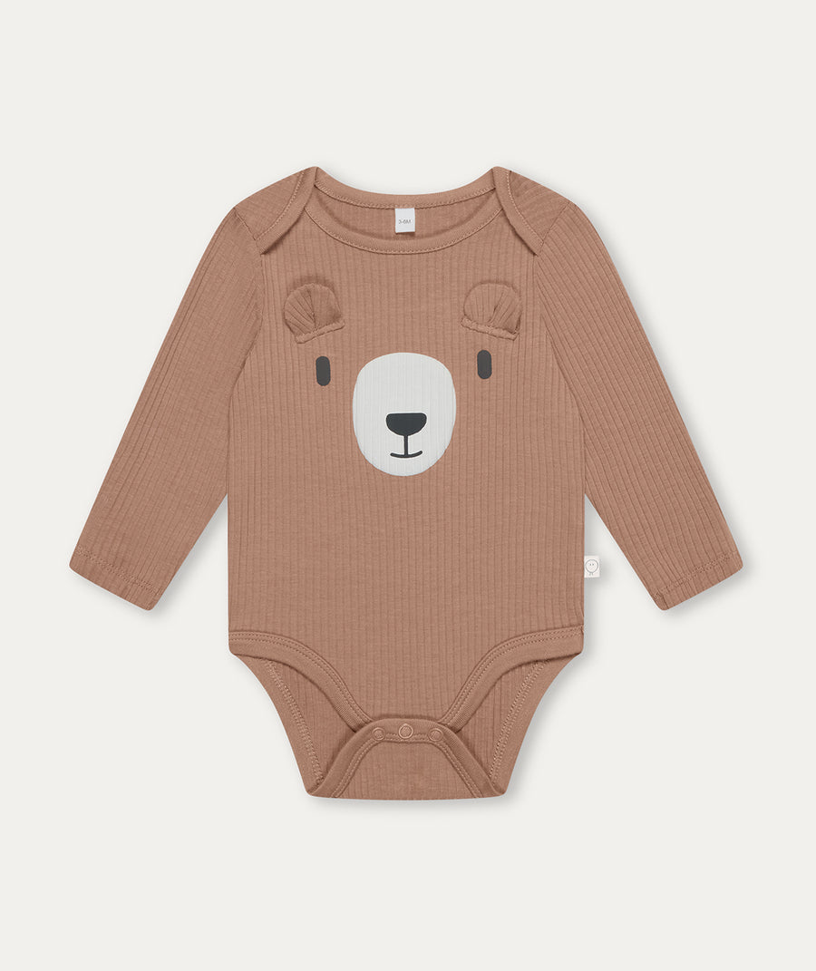 Ribbed Bear Face Long Sleeve Bodysuit - Bear & Brown