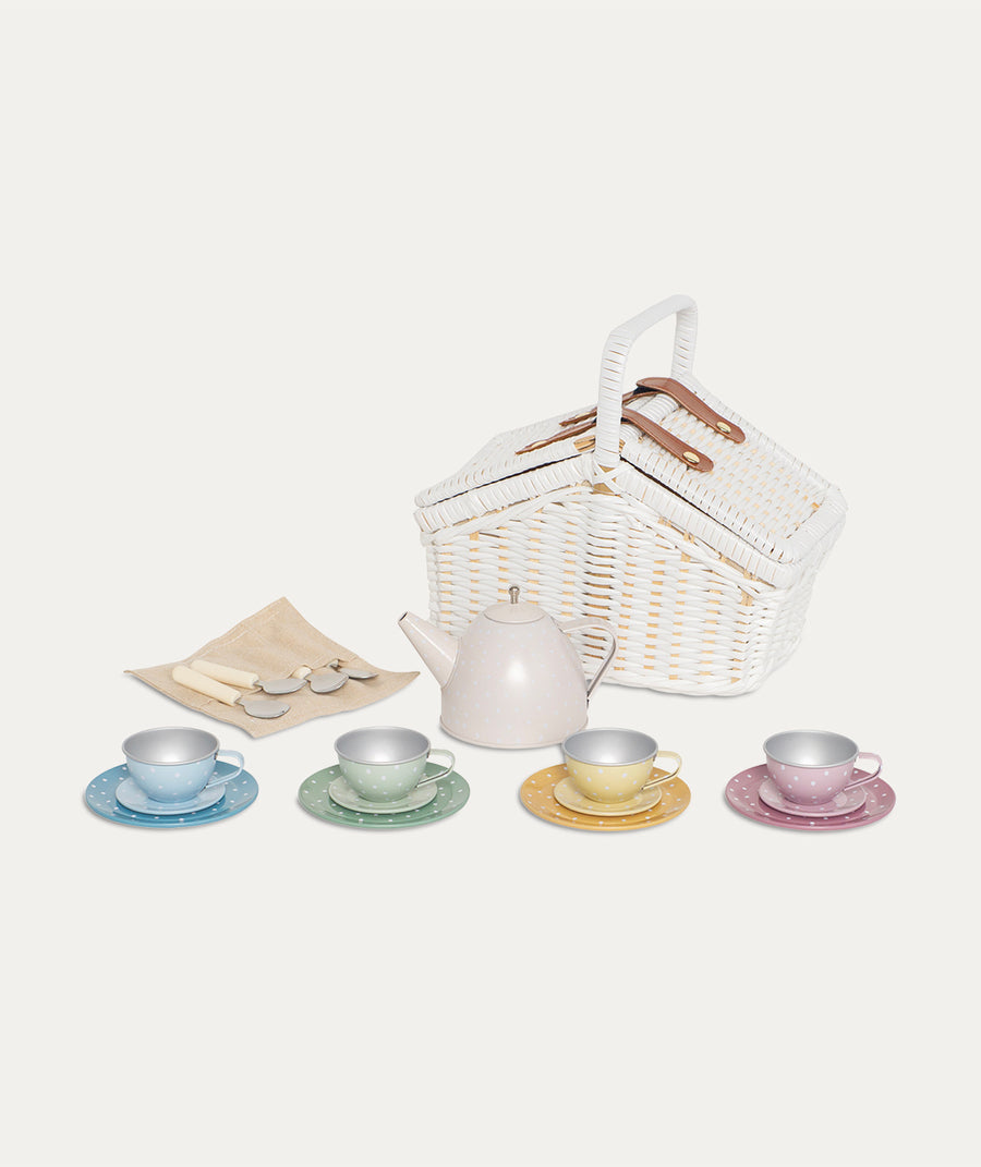 Picnic Basket Tin Tea Set - White