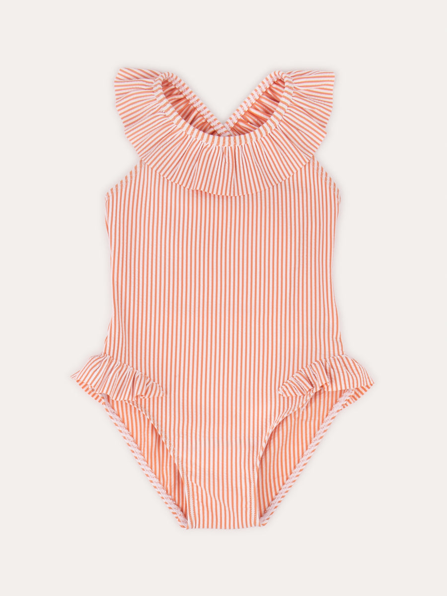 Seersucker Frill Swimsuit -  Coral Seersucker